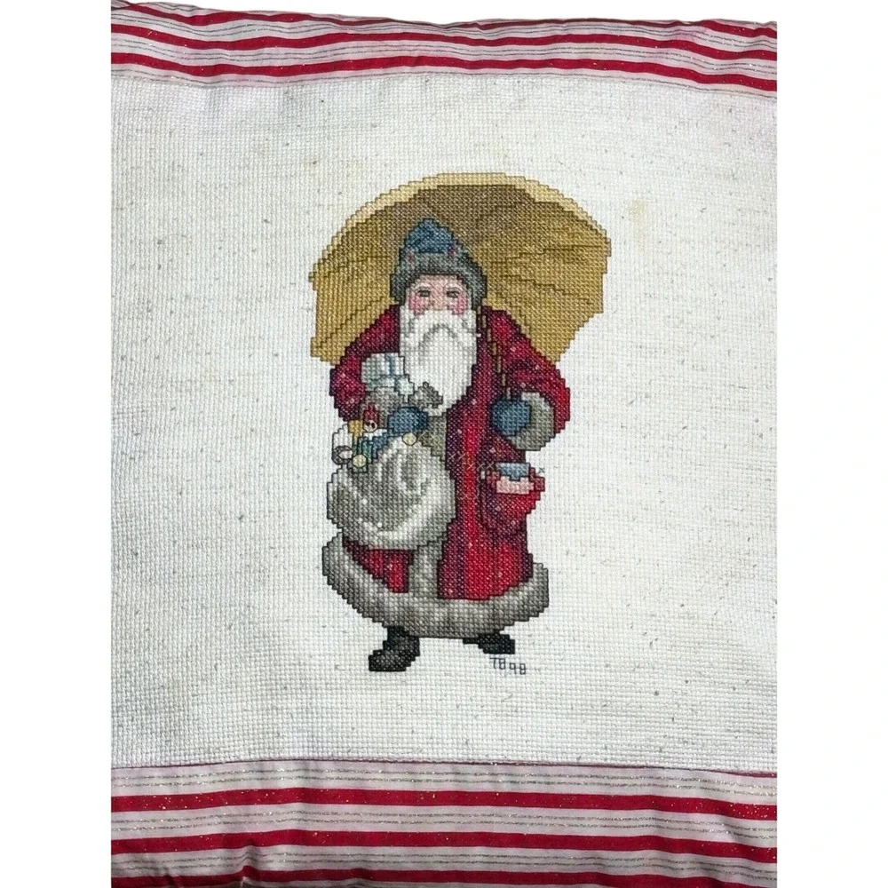 Vintage 1998 Handmade Needlepoint Santa Claus Christmas Throw Pillow Red Striped